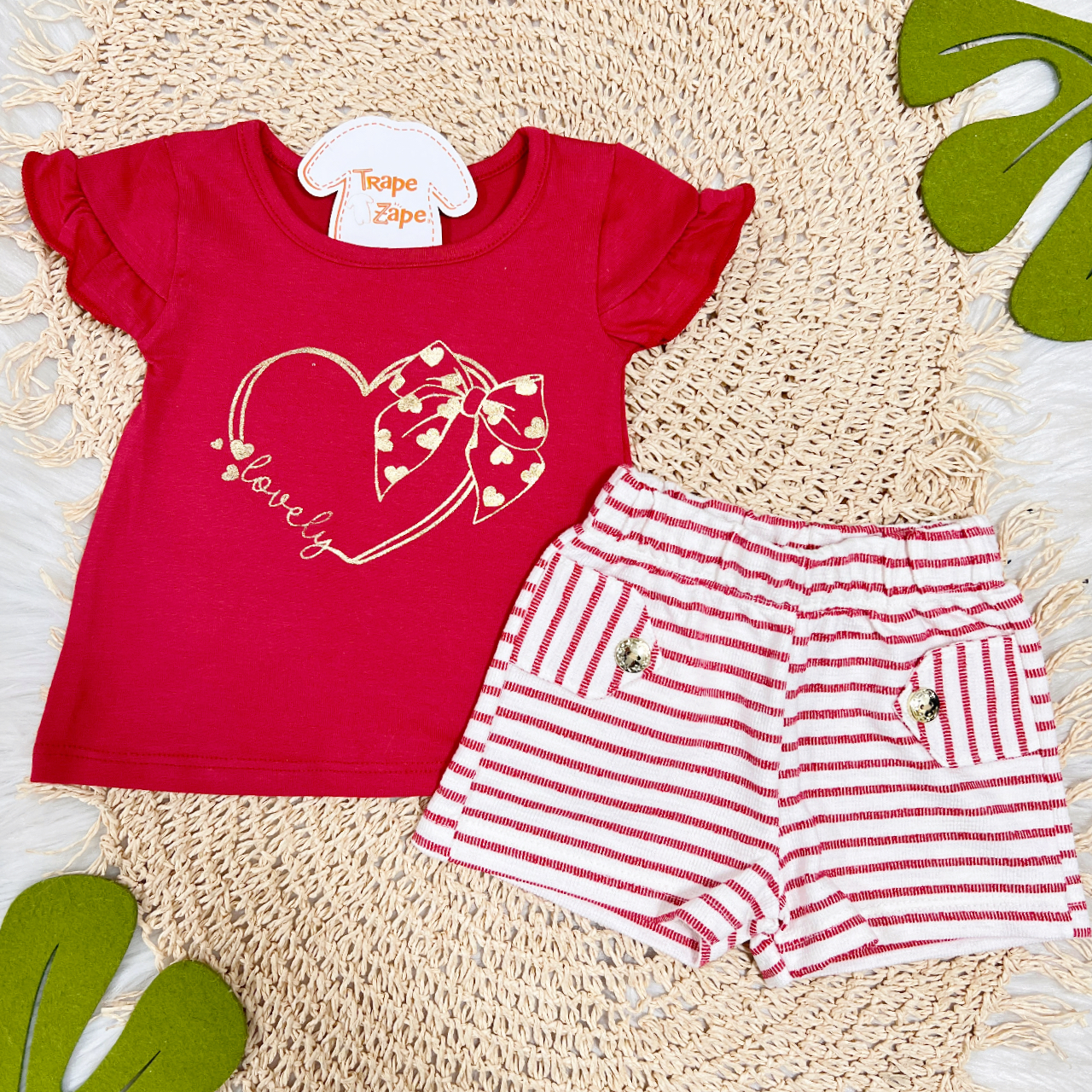 Conj. Blusa Lovely e Short Listrado com Botões Dourados - Vermelho e Off White